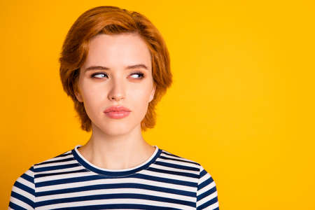 Close-up portrait of her she nice-looking lovely charming attractive suspicious girl looking aside...