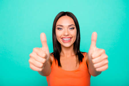 Close up photo portrait of optimistic charming gorgeous attractive nice lovely she her lady making...