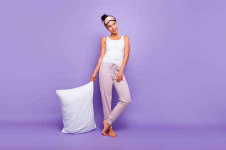 Full length body size photo beautiful she her lady look empty space wondered thoughtful hold hand...
