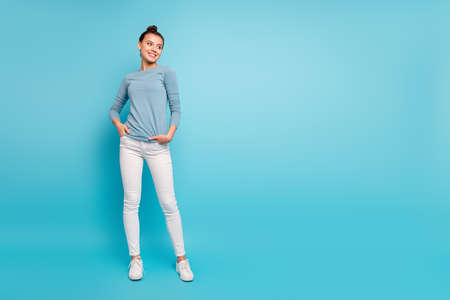 Full length body size photo beautiful amazing she her lady stylish hairstyle look side empty space...
