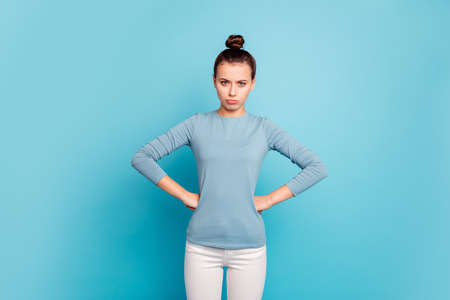 Portrait of her she nice attractive lovely slim fit thin mad strict girl isolated over bright vivid...