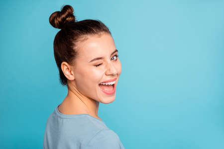 Close up photo of charming magnificent youth millennial amazed laugh feel glad have holidays weekends isolated wear spring fashionable clothes on colorful backgroundの写真素材