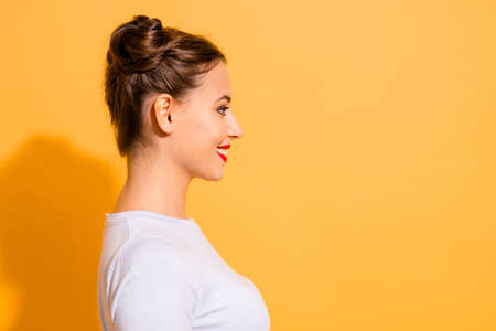 Profile side view close up photo of charming cute student looking happily at best friend isolated...