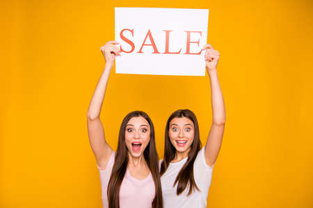Portrait of nice-looking cute charming attractive girlish cheerful cheery crazy straight-haired girls holding in hands raising up board promo best deal isolated on bright vivid shine yellow background.の写真素材