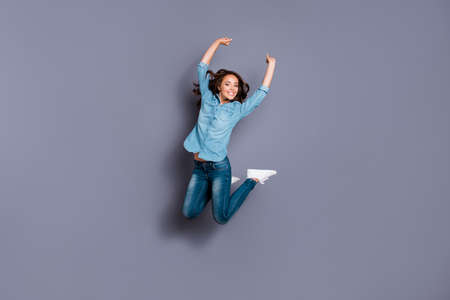 Full length body size photo amazing beautiful lady jumping high. cheerleader  basketball baseball...