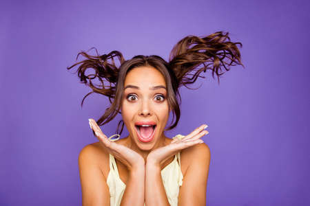 Closeup photo portrait of shocked surprised amazed astonished funny funky lady gesturing hands near...