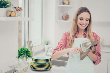 Close up photo beautiful she her lady cleaner bright kitchen house polish check perfect shiny glass preparation family meeting holiday gathering wear casual jeans denim shirt apron flat indoorsの写真素材