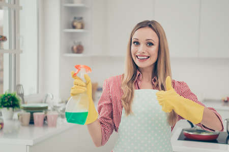 Close up photo beautiful nice duties she her lady stand shiny white bright kitchen house finished...