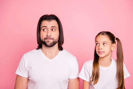 Close up photo beautiful funky she her little small lady he him his daddy look side empty space...