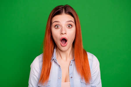 Close up photo beautiful amazing she her lady open mouth not believe eyes full fear oh no expression...