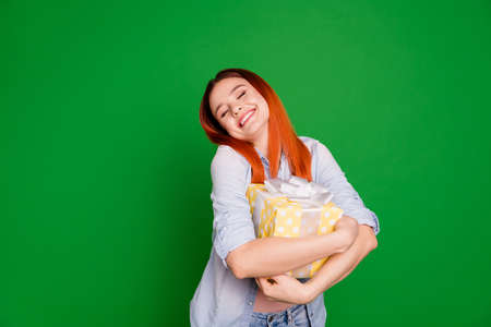 Close up photo beautiful funny funky she her lady arms large big giftbox my own precious eyes closed...
