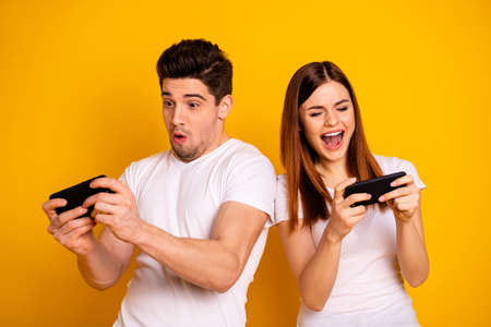 Portrait of his he her she two nice attractive stylish trendy cheerful cheery childish positive...