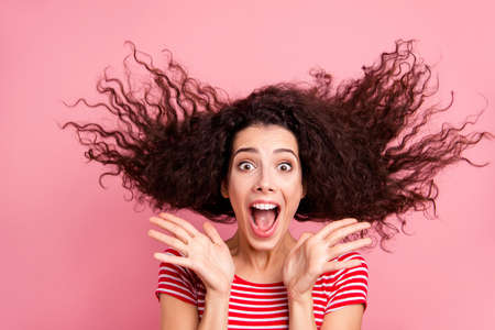 Close up photo portrait of pretty humorous emotional with comic facial expression she her lady...