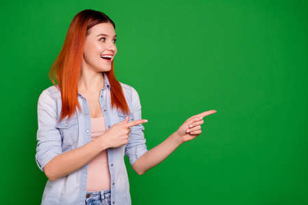 Close up photo beautiful funky she her foxy lady toothy hold hand arm finger indicate look empty...