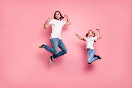 Full length body size photo funny she her little lady he him his daddy dad jump air star shape...