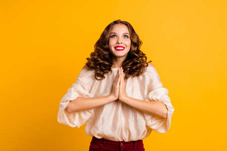 Portrait funny funky content lady youngster have desire desirable want expect wait make religion...