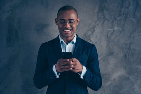 Portrait cheerful positive agent representative trendy manager glad content enjoy use user career...