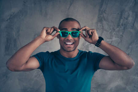 Close up photo amazing stunning he him his dark skin macho hot modern look trend hold hands arms...