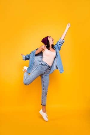 Full length body size view photo of pretty millennial person try catch hold hand feel surprised do...