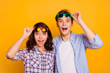 Close up photo of pair in raised up summer specs he him his she her lady boy did not expect free...