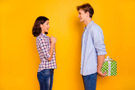 Close up photo of pair in love he him his she her lady boy glad to give present to dear girl...