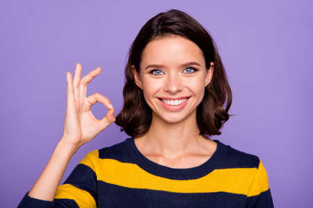 Close up photo beautiful amazing she her lady arm hand fingers raised okey symbol great good...