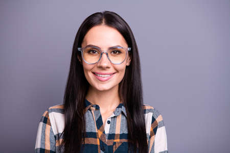 Close up photo of cute attractive candid youth millennial wear specs creative clever education...
