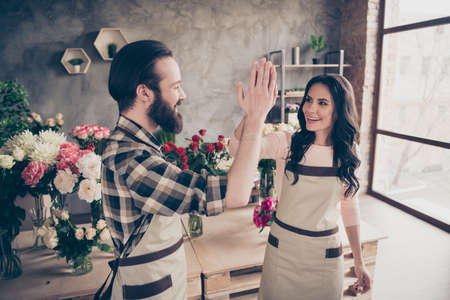 Close up side profile photo friendly she her lady him his he guy clapping arms amazed excited earn...