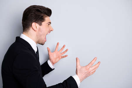 Profile side view photo of frustrated banker investor investment collar annoyed irritated crazy emotions have misunderstanding colleagues wear black blazer white shirt isolated argent backgroundの写真素材