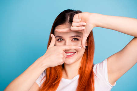 Close up photo beautiful dream dreamy people millennial make photo spy carefree childish playful...