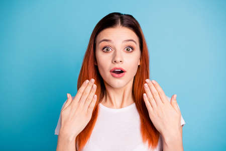 Close up photo of funky astonished hipster youth millennial show point herself palms hands open...