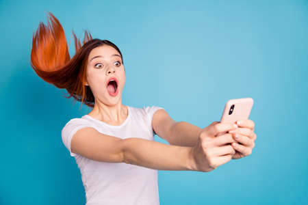 Portrait of her she nice attractive lovely cheerful cheery girlish crazy funny lady wearing white...