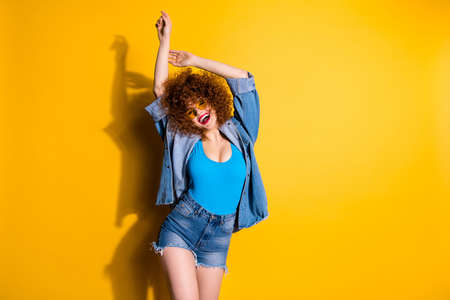Close up photo beautiful she her lady wavy fluffy styling curls hand arm raised up sunny day wear...