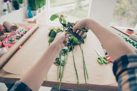 Cropped first point view photo of self-employed people youth girl hold hand take plant roses cut...