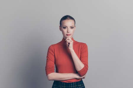 Portrait of her she nice-looking pretty attractive winsome charming cute content girl wearing red...
