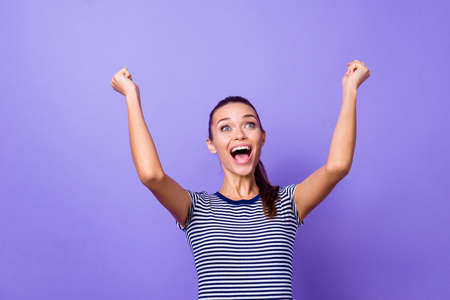 Portrait of her she nice attractive lovely charming cute winsome funky crazy cheerful cheery girl showing satisfaction gesture isolated on violet purple vivid shine bright backgroundの写真素材