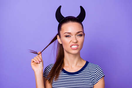 Portrait charming attractive youth elegant pretty sweet youngster hold hand touch finger ponytail...