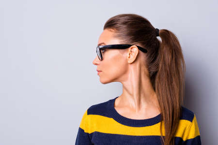 Profile side view photo cool clever genius college student ready solve problem trouble decide decision choose choice solution strict future leader fashionable woolen clothing isolated grey backgroundの写真素材