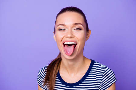 Close up photo of charming cute youngster lady make faces scream delighted content glad candid...