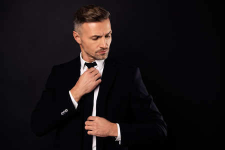 Portrait of his he nice-looking attractive well-groomed chic gorgeous content guy financier...