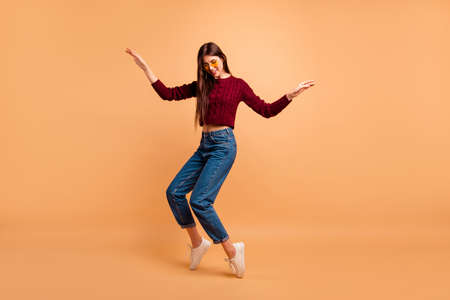 Full length side profile body size photo beautiful she her lady ideal appearance look dancing star...