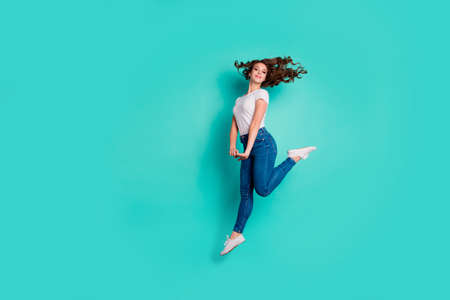 Full length body size view of her she nice attractive lovely sportive slim fit slender cheerful...