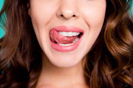 Cropped close-up view portrait of nice cheeky healthy perfect white cheerful cheery wavy-haired girl...