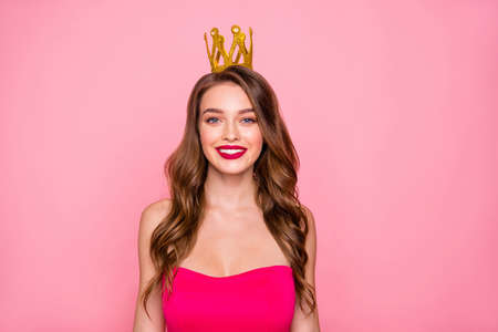 Close up photo beautiful she her lady  gold headwear coronation graduation party festive mood waiting prom queen announce wear shiny colorful formal-wear  dress isolated pink bright backgroundの写真素材