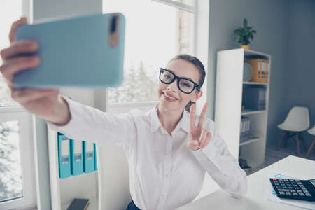 Close up photo beautiful she her business lady eyewear eyeglasses hands arms telephone v-sign...