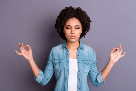 Portrait of cute charming lady do exercise practicing good-looking peaceful calm close eyes feel...
