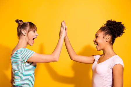 Profile side view photo funky positive cheerful ladies bun laugh scream delighted champion victory...