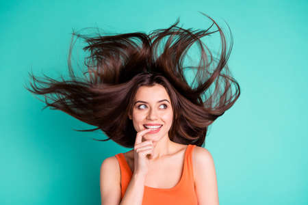 Close up photo amazing beautiful her she lady weekend vacation wind blowing hair flight healthy...