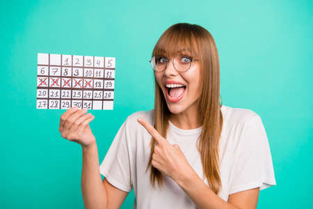 Close up photo amazing beautiful she her lady arms hands hold paper calendar days vacation weekend...