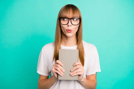 Close up photo funny funky positive cute lady high school style stylish trendy published book look...